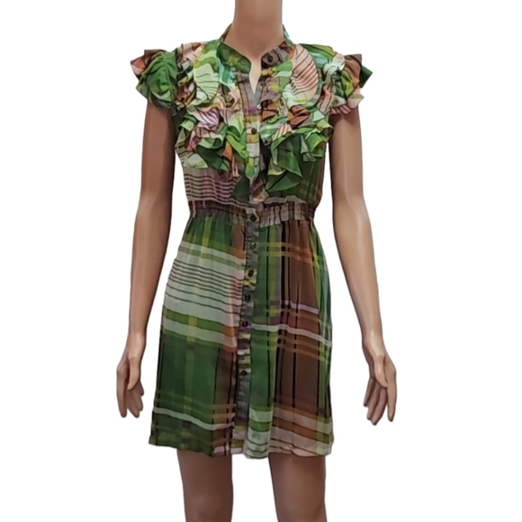 Twenty One  Green White brown Plaid Mini Dress, Ruffles, Flutter Sleeves Girls M - Picture 1 of 9